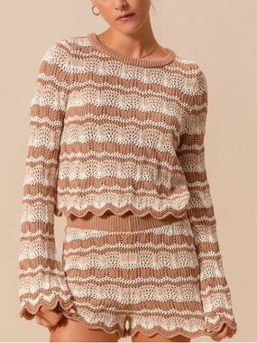 Neutral Striped Scalloped Knit Beachy Bell Sleeve Long Sleeve Blouse